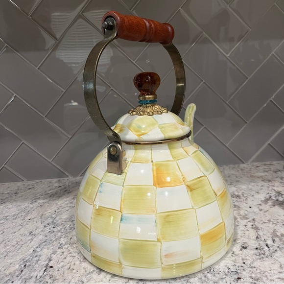 MacKENZIE CHILDS 3QT PARCHMENT CHECK TEA KETTLE - Picture 5 of 12